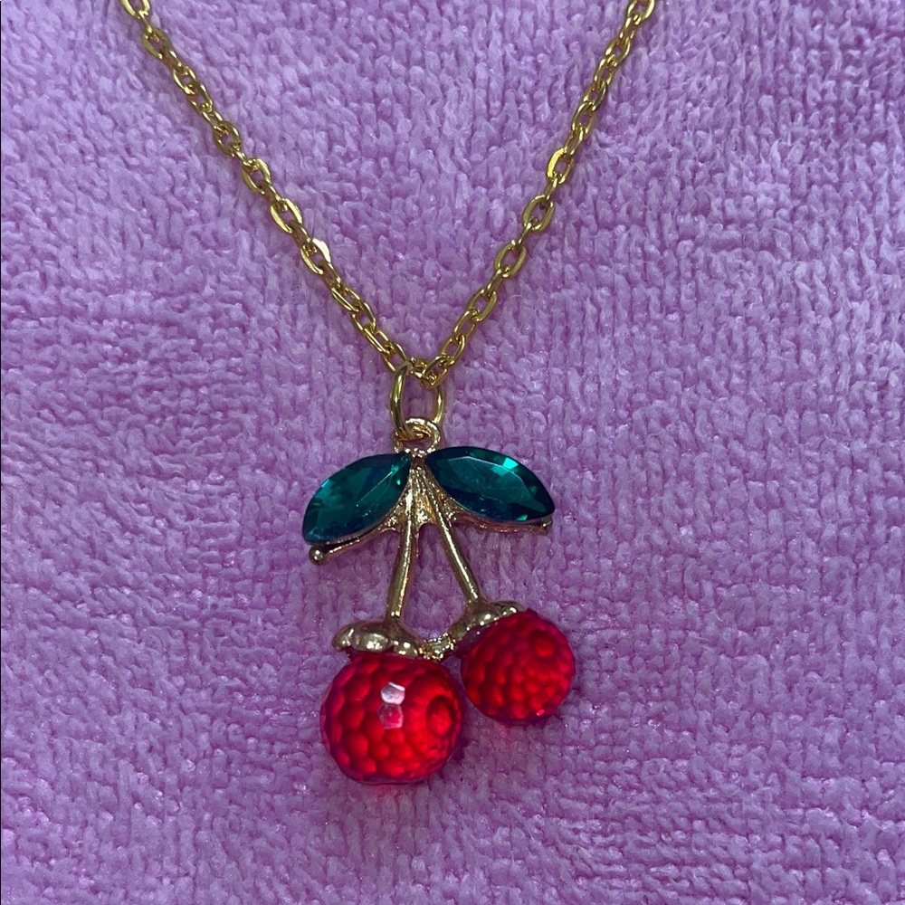 Cherry Pendant Gold Necklace with Red and Green Crystal Accents